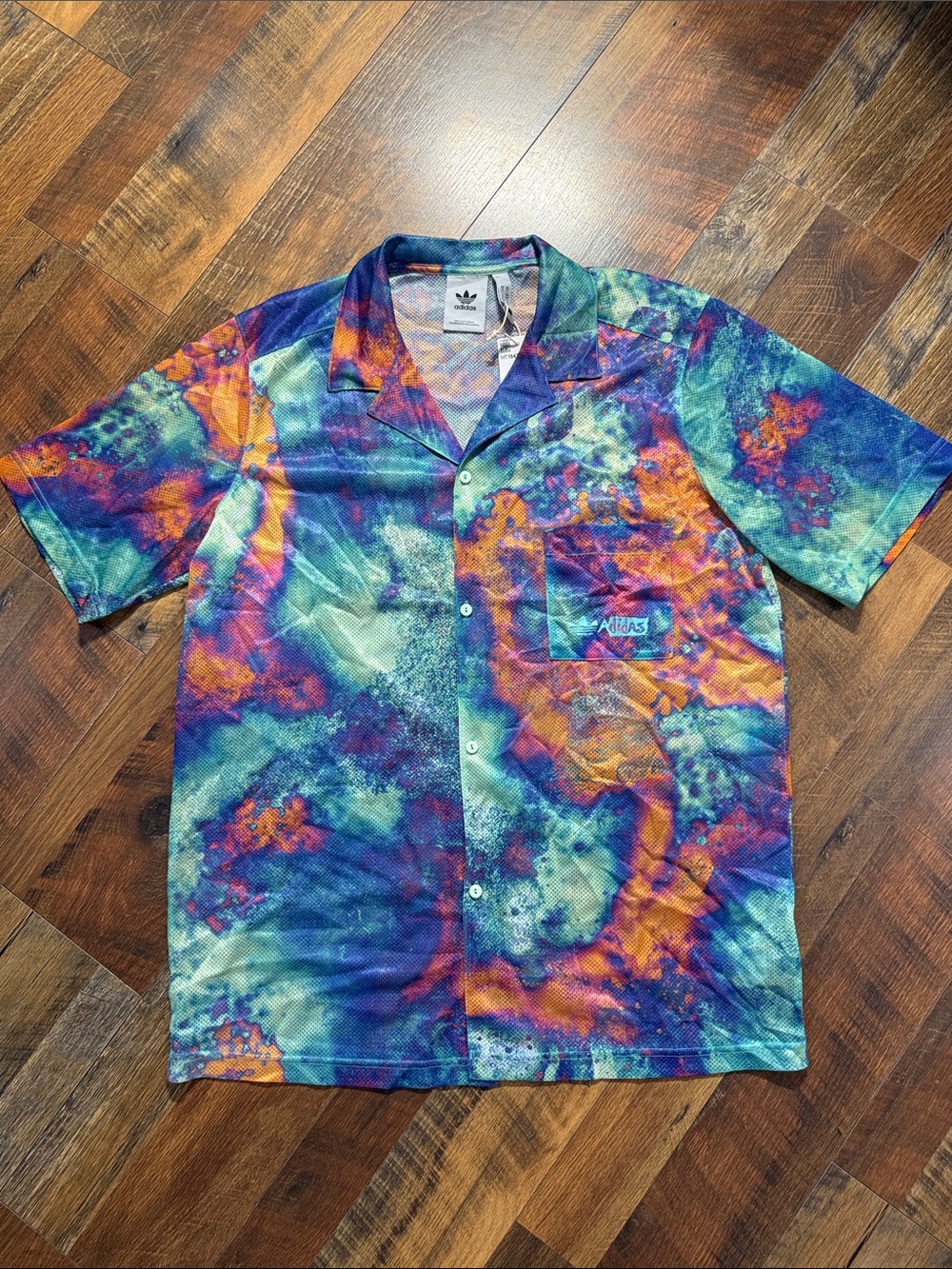 NWT Adidas Originals Allover Print Mesh Shirt Tie Dye Button Up Medium